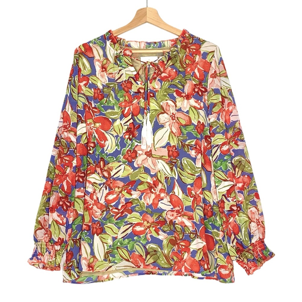 Belle by Kim Gravel Floral Print Blouse Tunic Beaded Tassels Olive/Coral Large